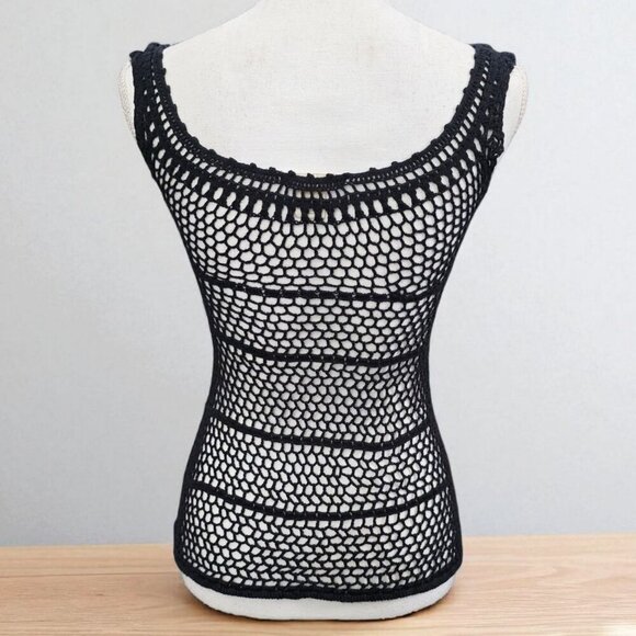 Roxy Crochet Tank ✦ Black Open-Knit Mesh ✦ Scoop Neck Boho Festival Layering XS - Picture 3 of 7